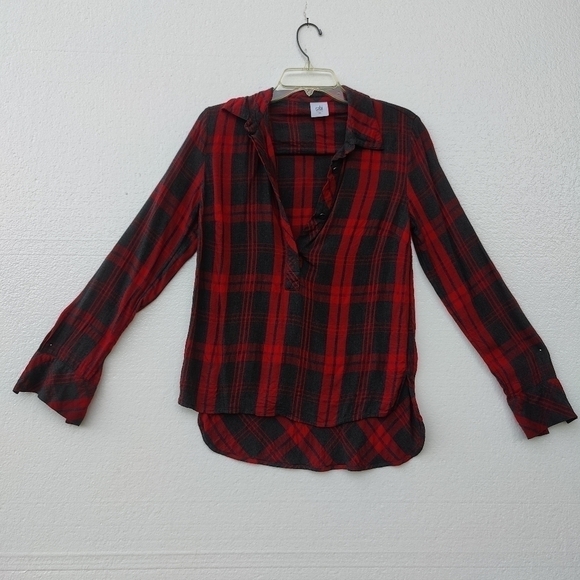 CAbi flannel shirt, Long sleeve high front low back. Red & black.Size XS - Picture 2 of 9